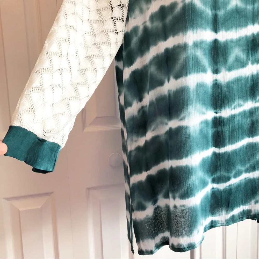Weekend by Suzanne Betro Teal Green Tie Dye Print Blouse Large